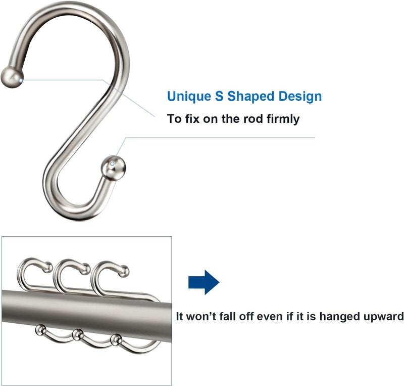 TOPROD Shower Curtain Hooks Rings, Zinc Alloy S Shaped Shower Hooks Rust Proof, Shower Curtain Hangers for Shower Curtain, Kitchen, Wardrobe & Garden, Brushed Nickel, Set of 12 - Image 4